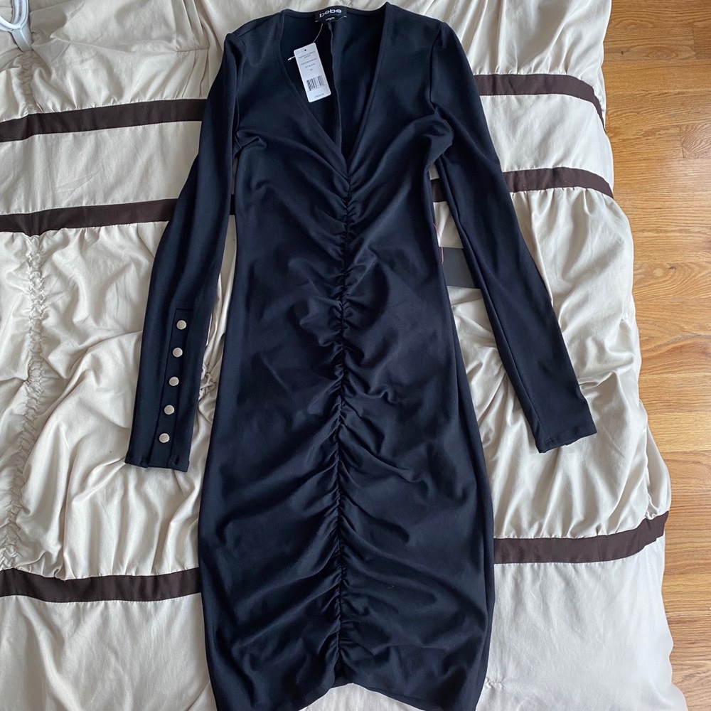 NWT Midi Black Bebe V-neck Dress. XS-M